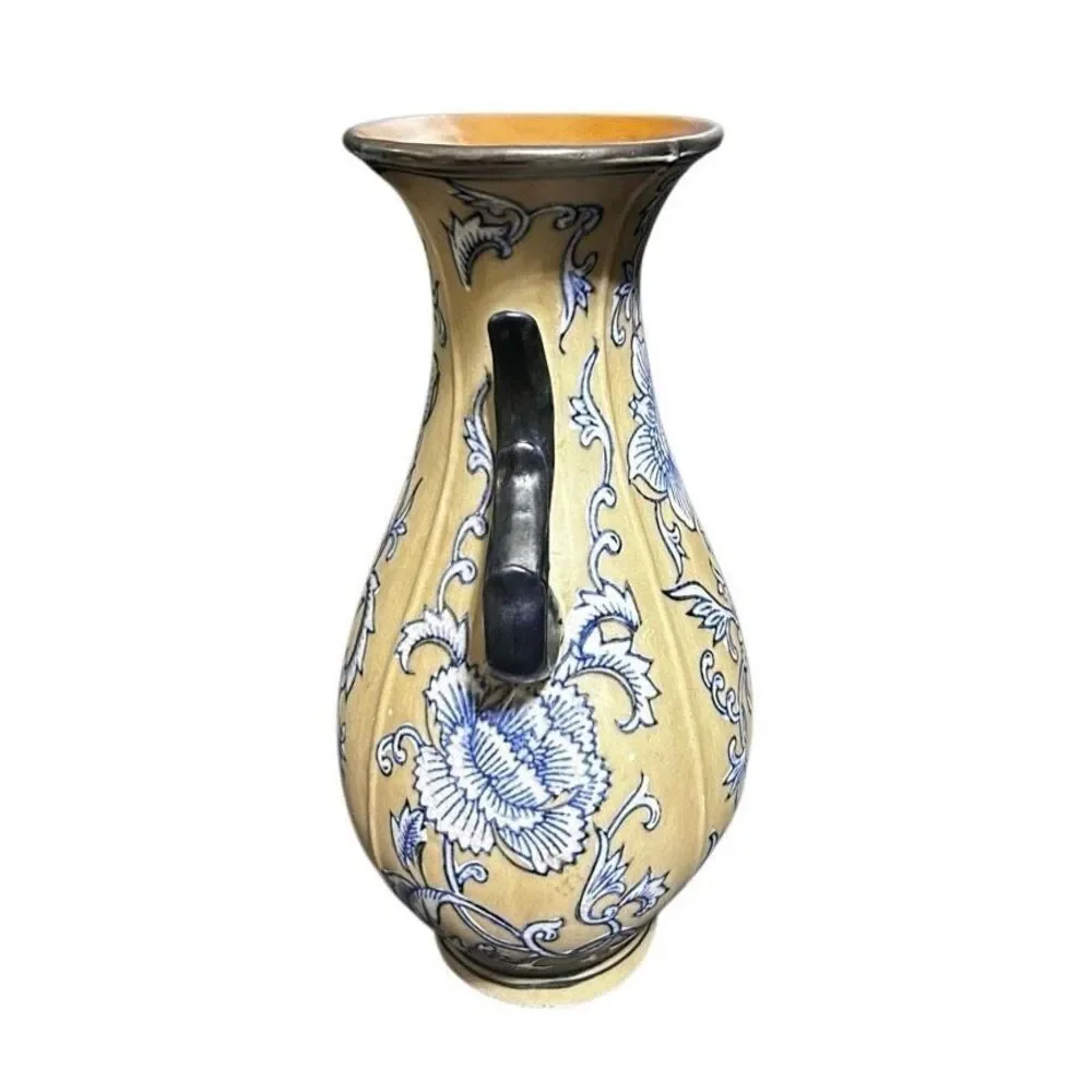 Vintage Formalities By Bauym Bros. Stoneware Vase Medium Blue Tan Floral Ceramic